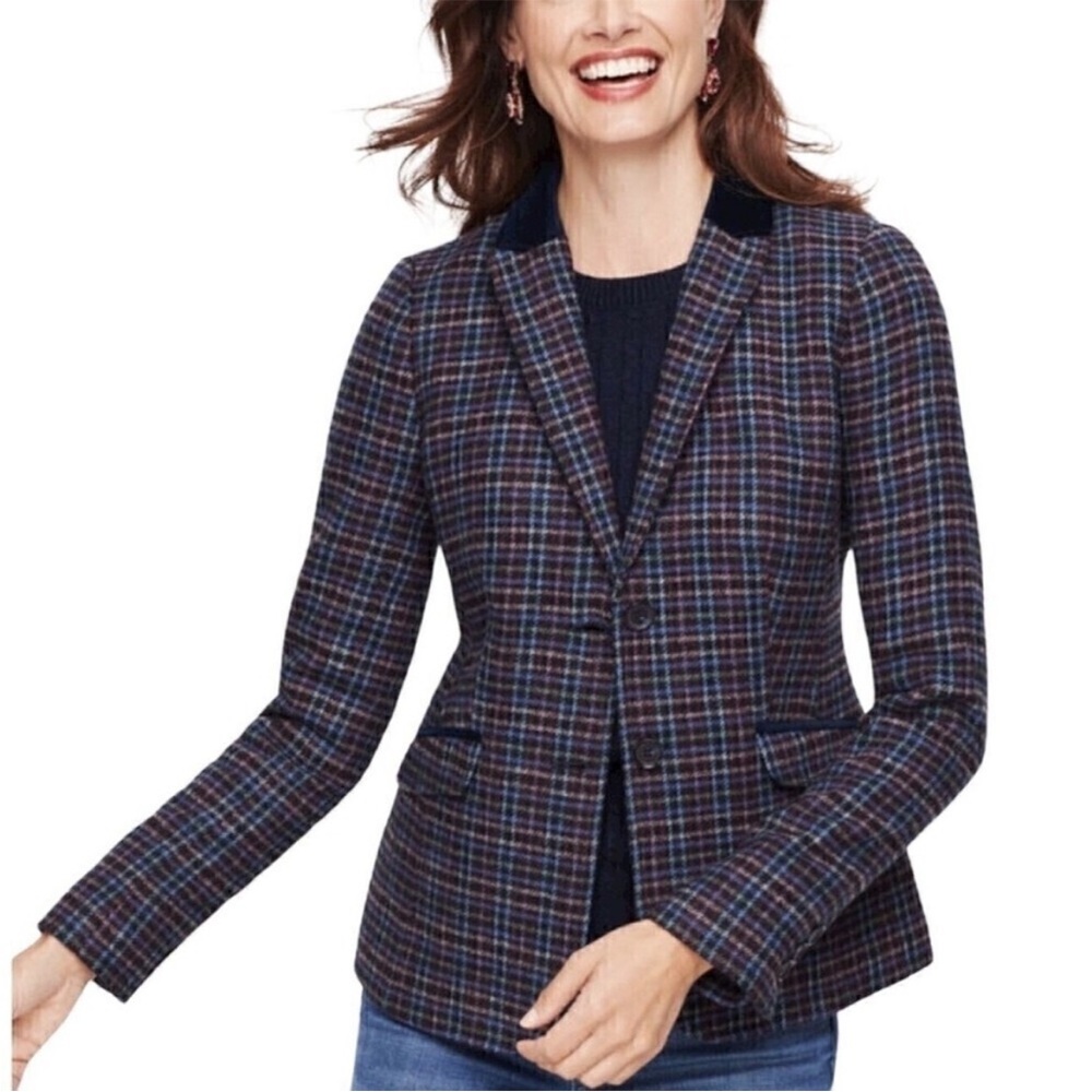 Talbots Blazer Mistletoe Plaid Shetland Wool Velvet Collar Women in 6P petite